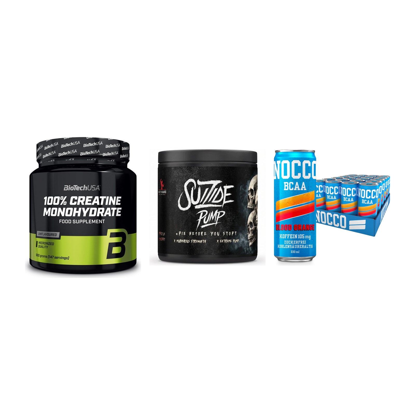 Kraft-Stack: BioTech Creatine + #GYMJUICE SUIZIDE + Nocco BCAA Drink – alle enthaltenen Artikel