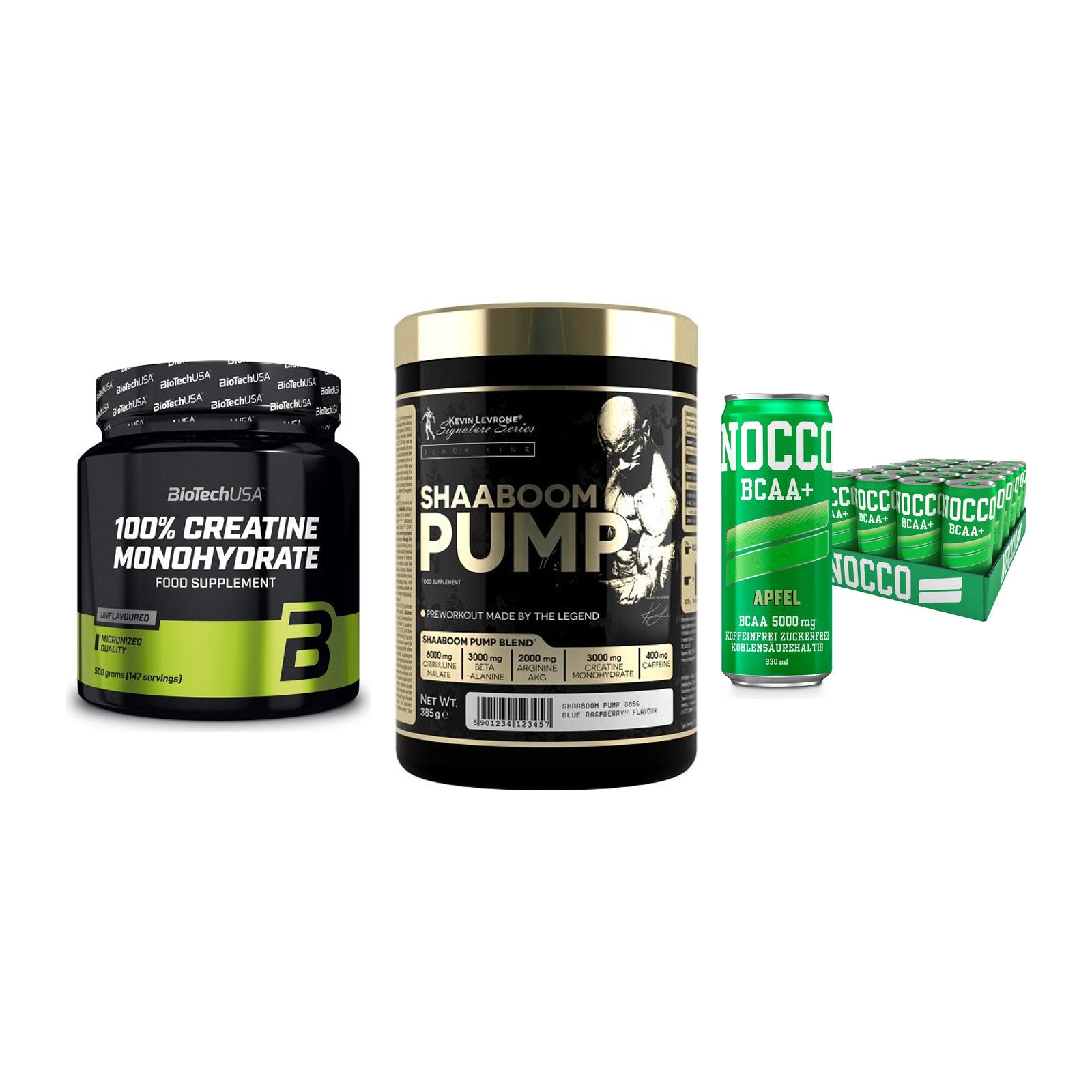 Kraft-Stack: BioTech Creatine + Kevin Levrone + Nocco BCAA Drink – alle enthaltenen Artikel