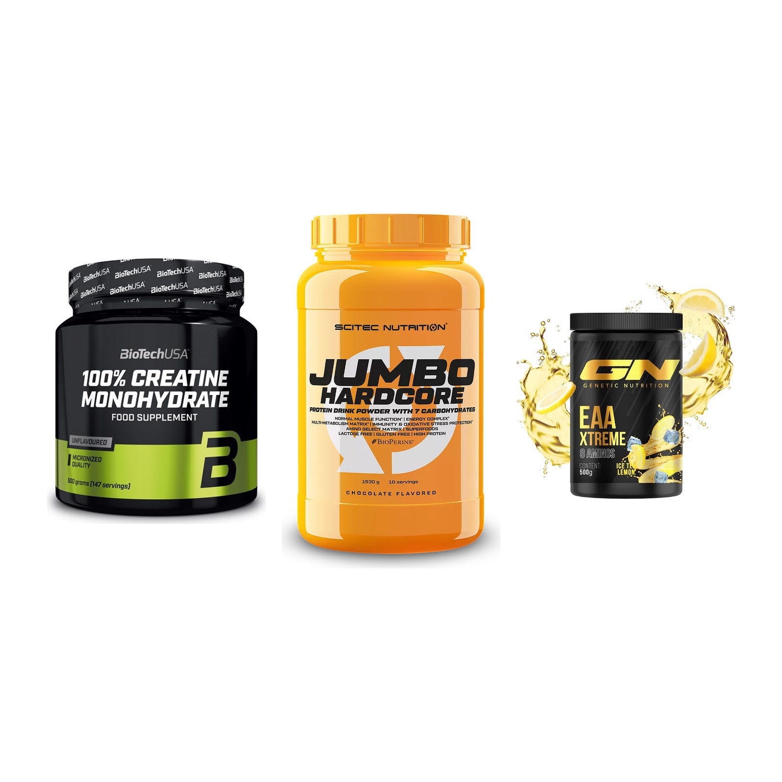 Kraft-Stack: BioTech Creatine + Scitec Jumbo + GN EAA Xtreme – alle enthaltenen Artikel