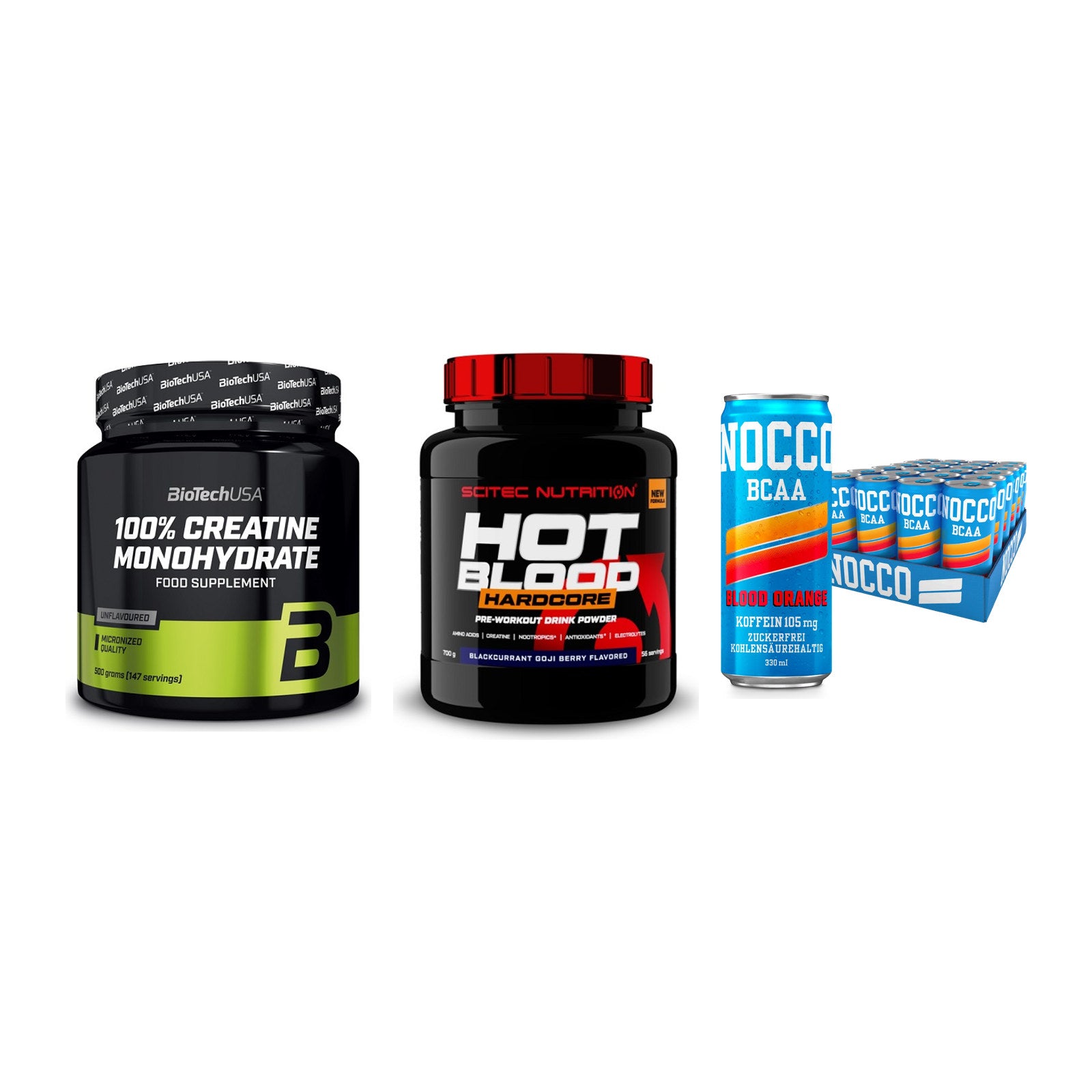 Kraft-Stack: BioTech Creatine + Scitec Hot Blood + Nocco BCAA Drink – alle enthaltenen Artikel