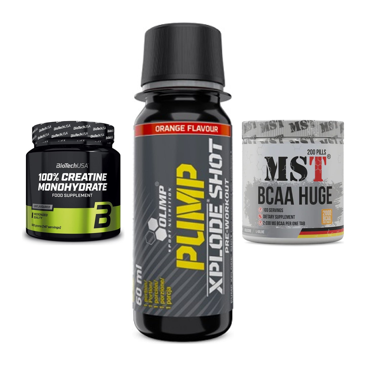 Kraft-Stack: BioTech Creatine + Olimp Pump Xplode + MST BCAA Huge 200 – alle enthaltenen Artikel