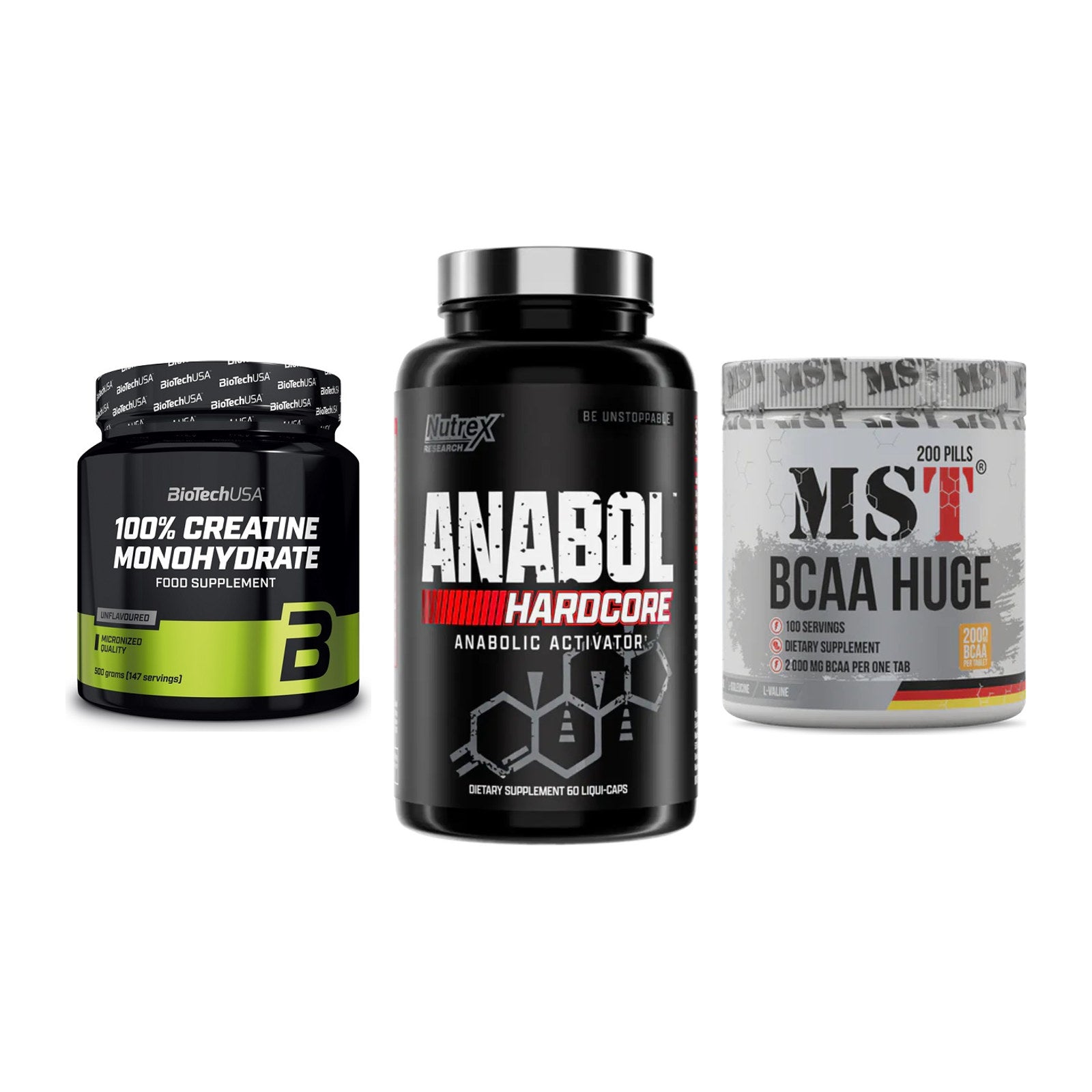 Kraft-Stack: BioTech Creatine + Nutrex Anabol + MST BCAA Huge 200 – alle enthaltenen Artikel