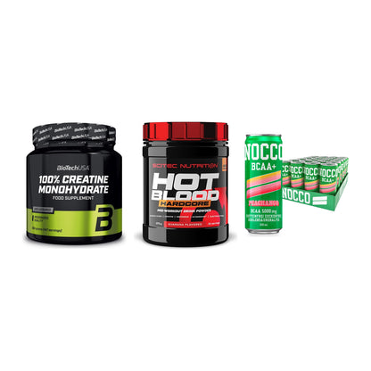 Kraft-Stack: BioTech Creatine + Scitec Hot Blood + Nocco BCAA Drink – alle enthaltenen Artikel