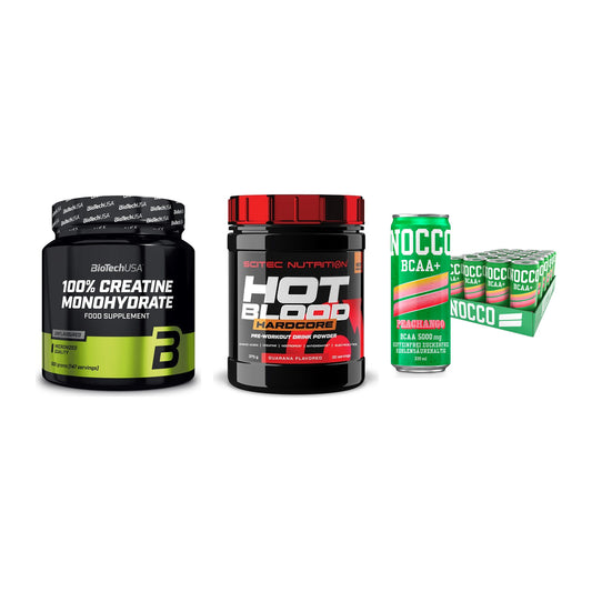 Kraft-Stack: BioTech Creatine + Scitec Hot Blood + Nocco BCAA Drink – alle enthaltenen Artikel