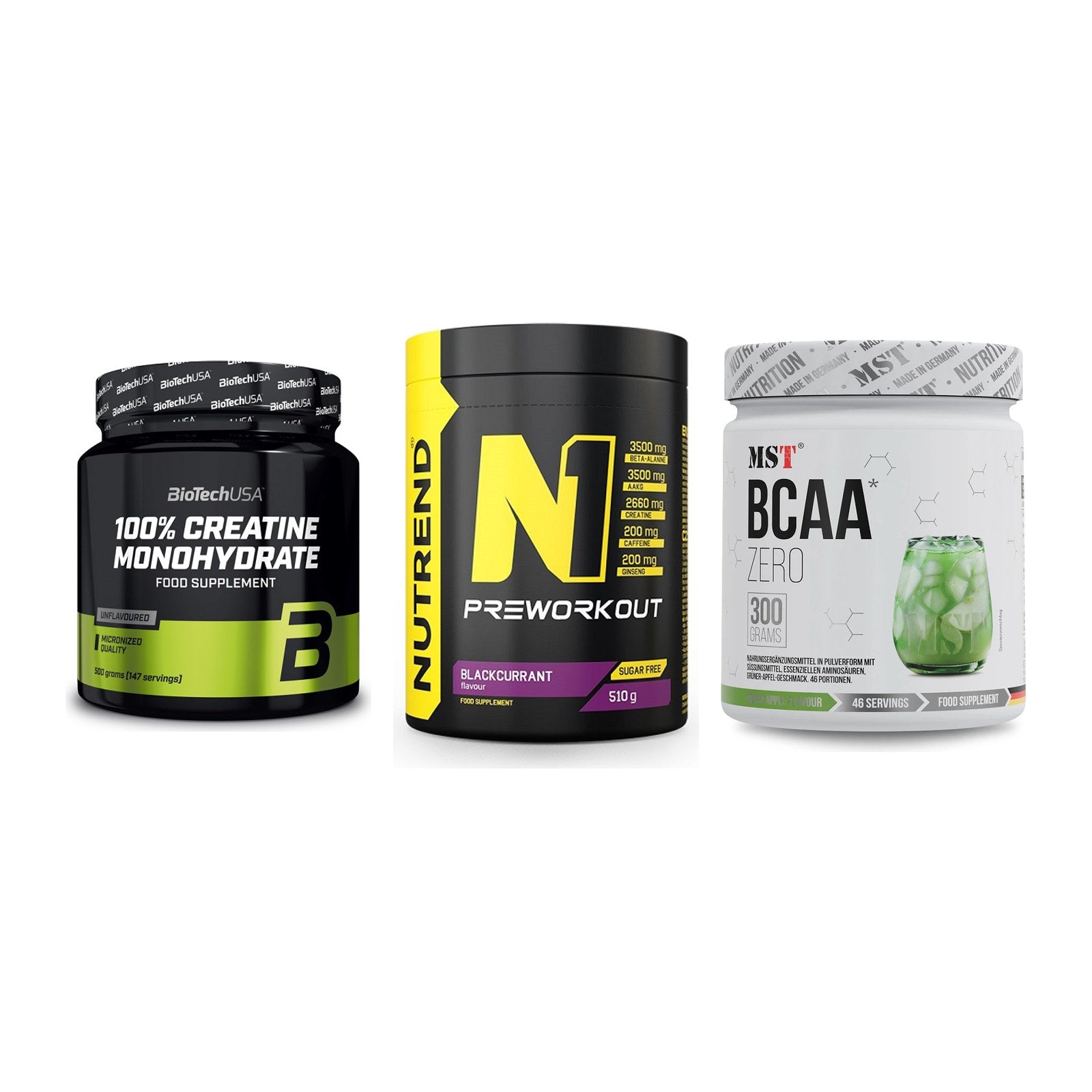 Kraft-Stack: BioTech Creatine + Nutrend N1 + MST BCAA Zero – alle enthaltenen Artikel