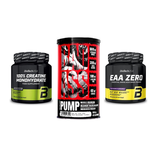 Kraft-Stack: BioTech Creatine + BAD ASS Pump 350g + BioTech EAA Zero – alle enthaltenen Artikel