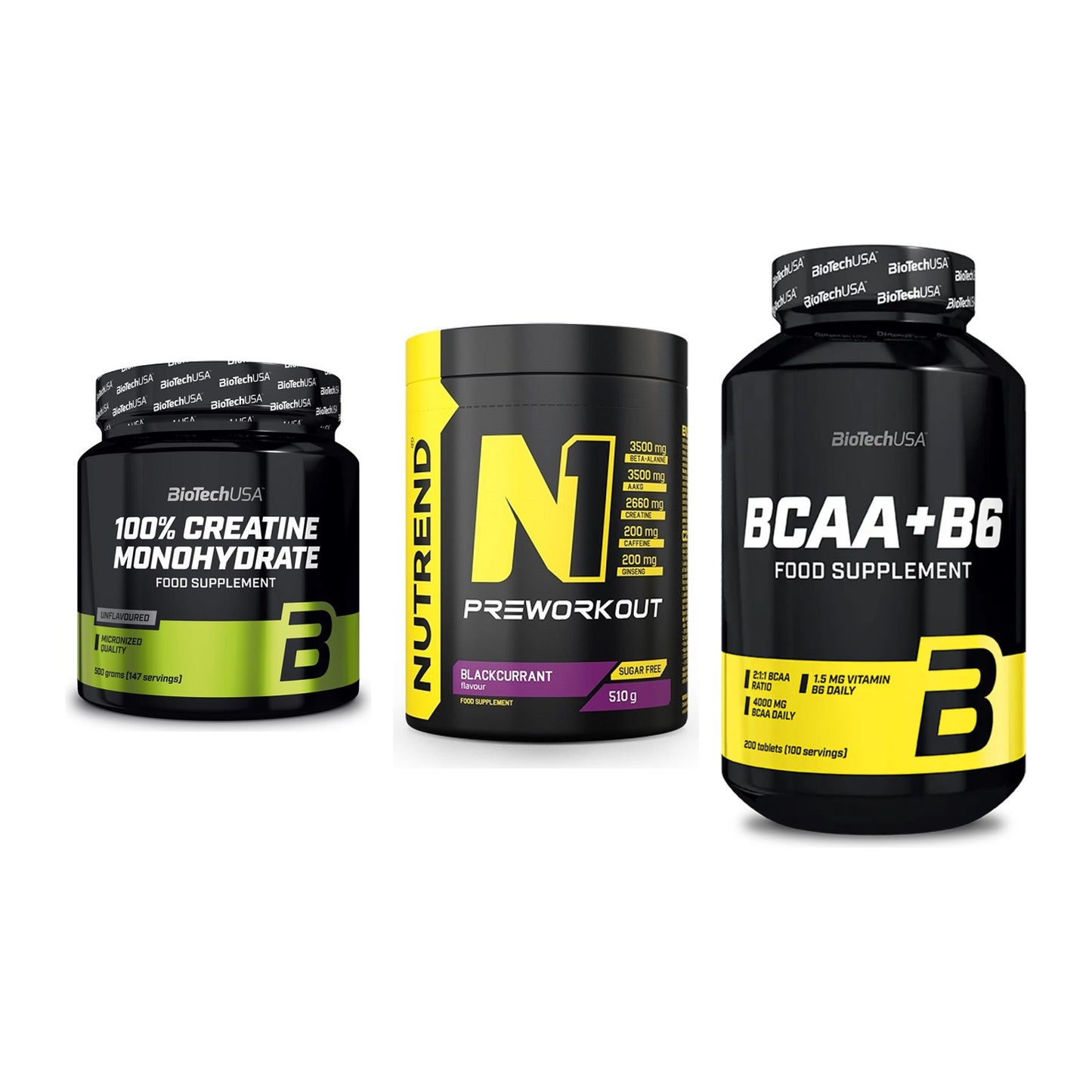 Kraft-Stack: BioTech Creatine + Nutrend N1 + BioTech BCAA+B6 – alle enthaltenen Artikel