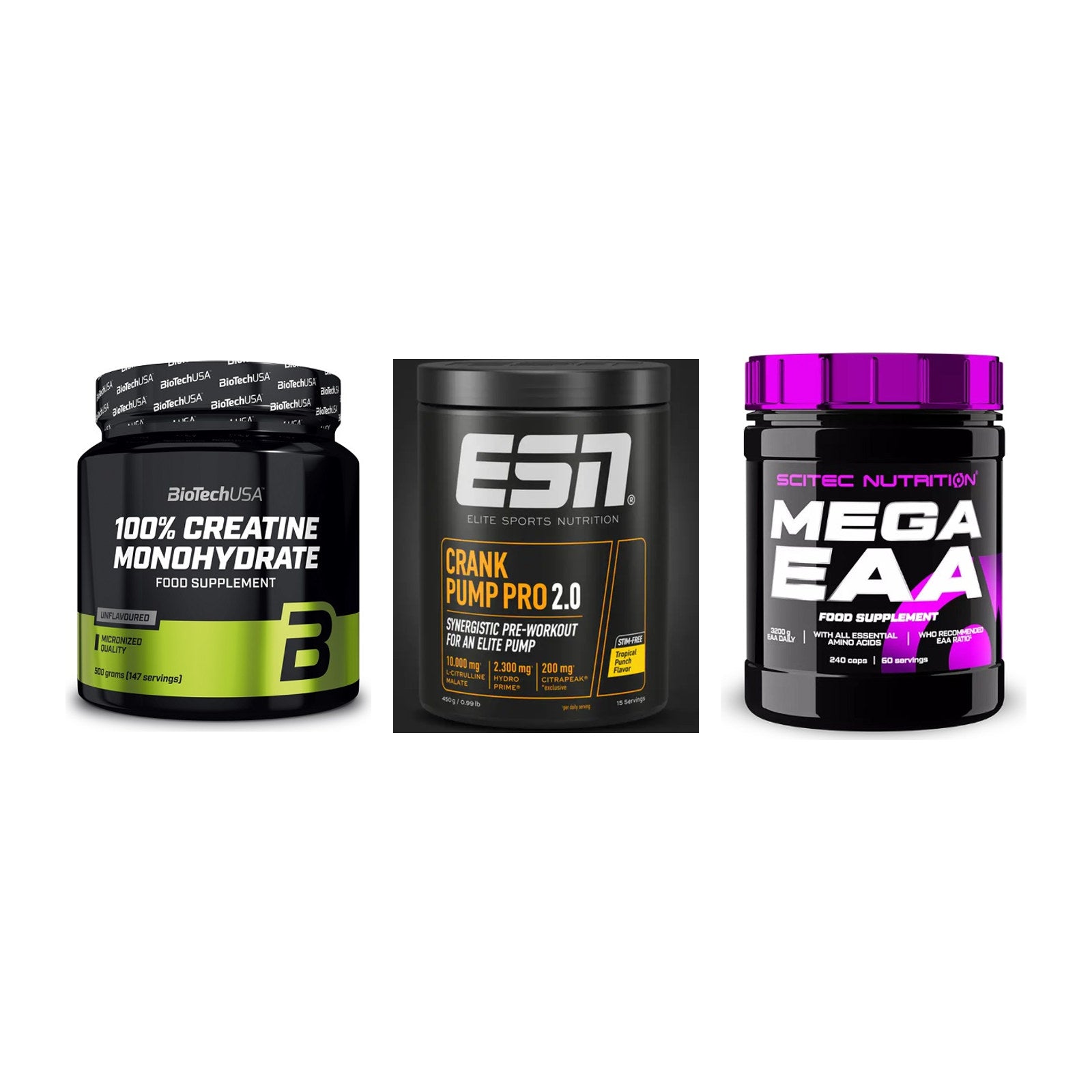 Kraft-Stack: BioTech Creatine + ESN Crank Pump + Scitec Mega EAA – alle enthaltenen Artikel