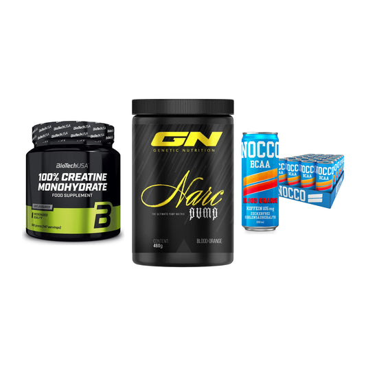 Kraft-Stack: BioTech Creatine + GN Narc Pump + Nocco BCAA Drink – alle enthaltenen Artikel