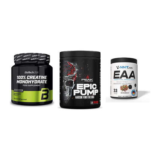 Kraft-Stack: BioTech Creatine Monohydrate + Peak EPIC Pump + NNT EAA – alle enthaltenen Artikel
