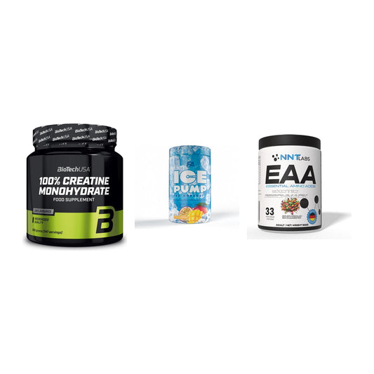 Kraft-Stack: BioTech Creatine + FA Nutrition ICE + NNT EAA – alle enthaltenen Artikel