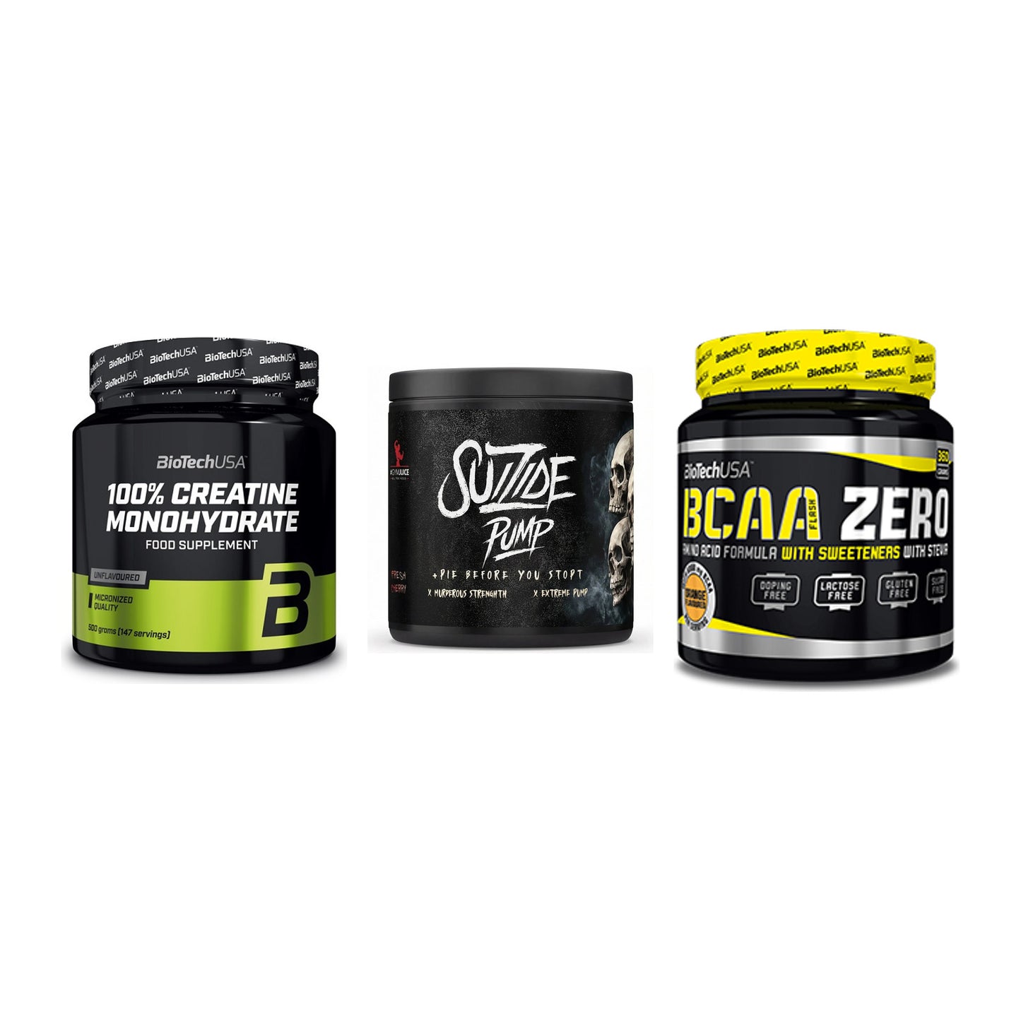 Kraft-Stack: BioTech Creatine + #GYMJUICE SUIZIDE + BioTech BCAA Zero – alle enthaltenen Artikel