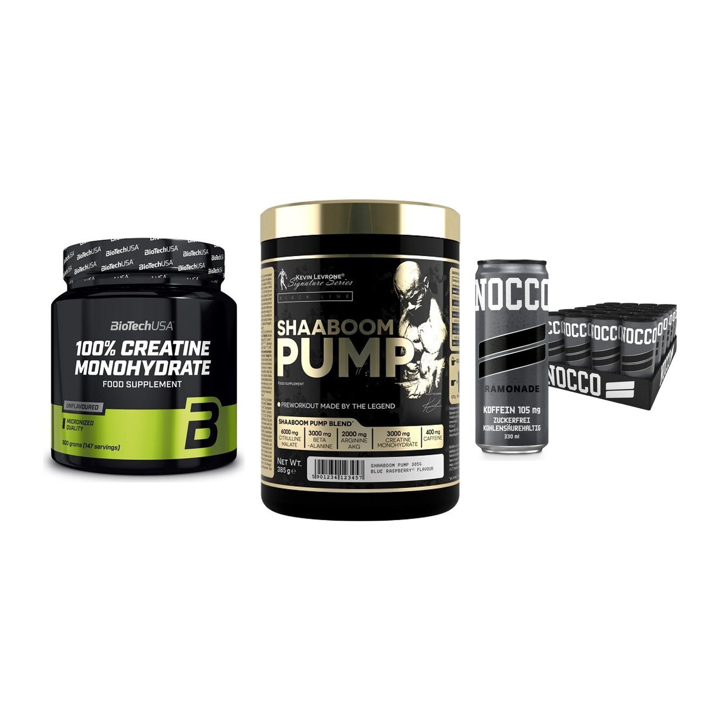 Kraft-Stack: BioTech Creatine + Kevin Levrone + Nocco BCAA Drink – alle enthaltenen Artikel