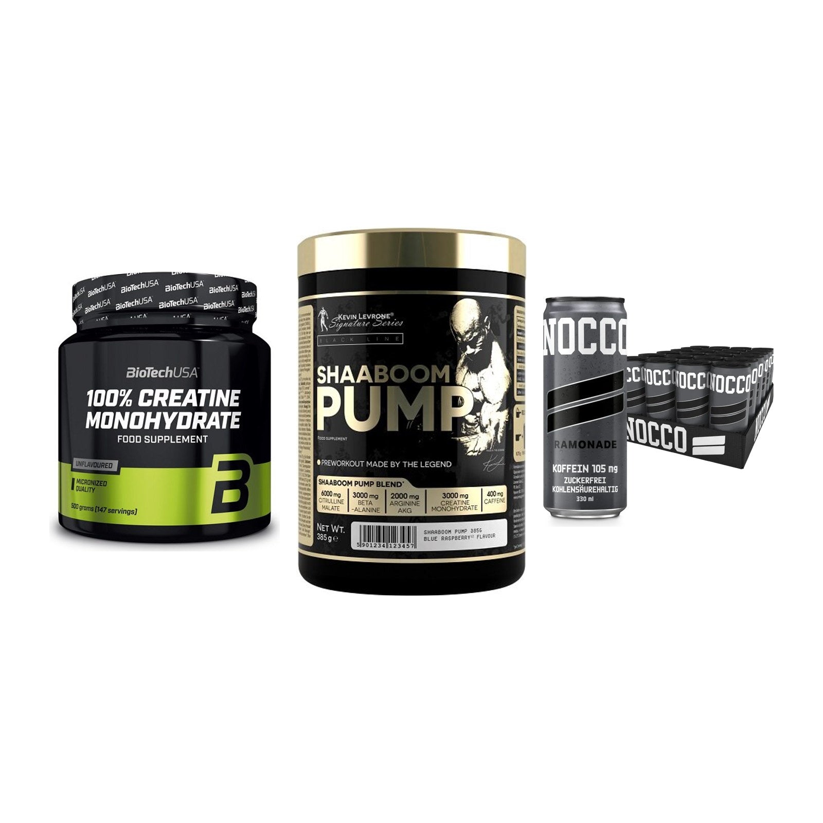 Kraft-Stack: BioTech Creatine + Kevin Levrone + Nocco BCAA Drink – alle enthaltenen Artikel