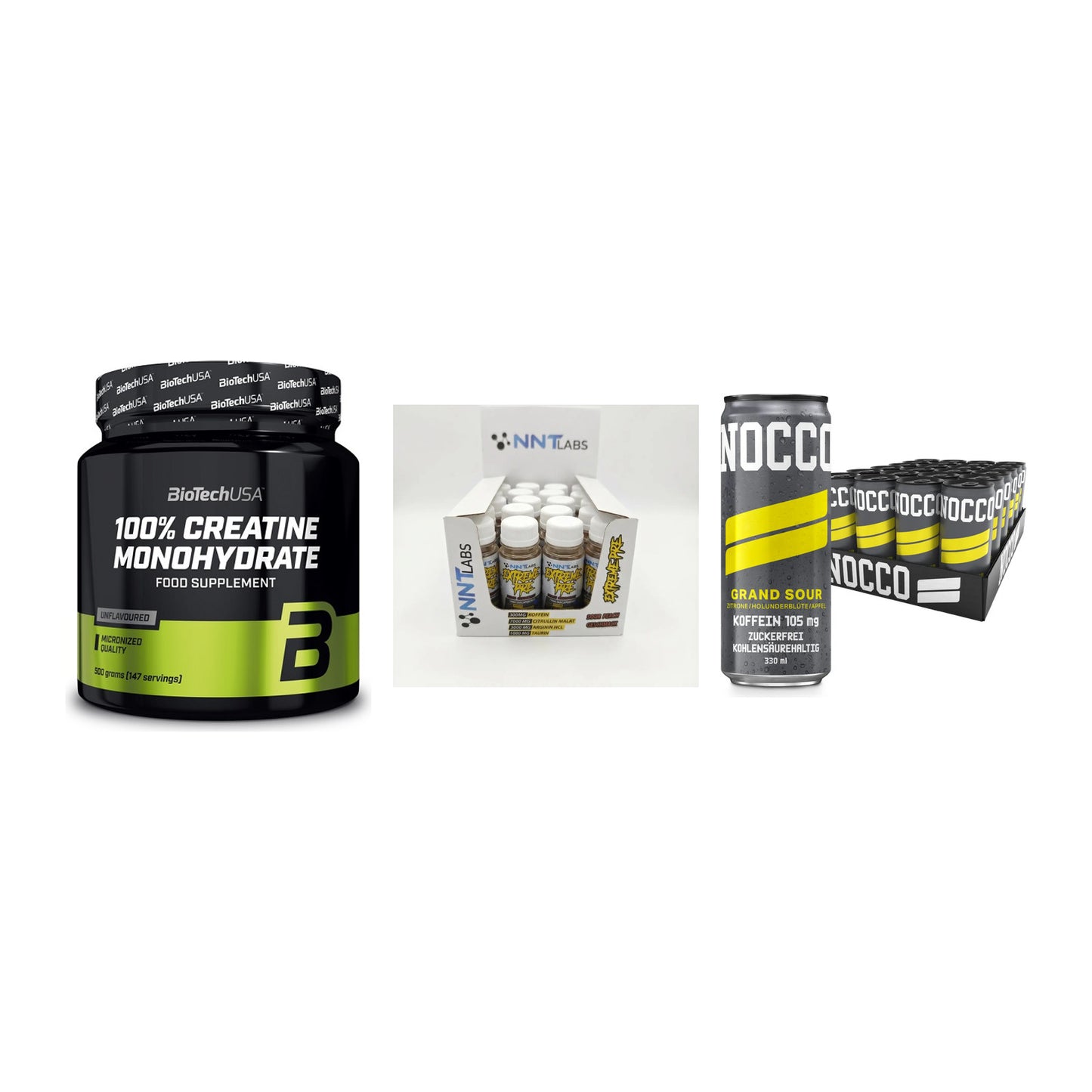 Kraft-Stack: BioTech Creatine + NNT Extreme + Nocco BCAA Drink – alle enthaltenen Artikel