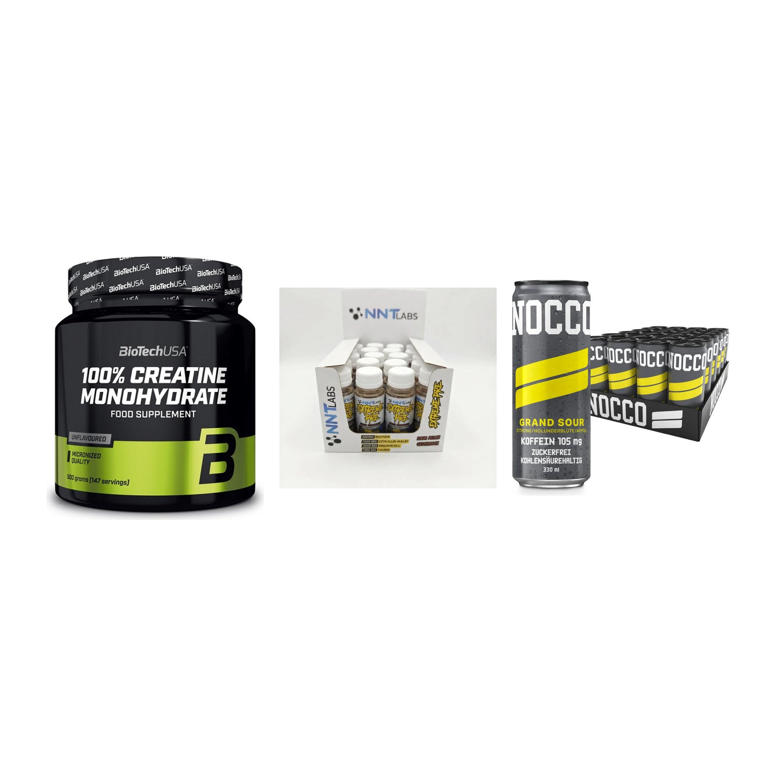 Kraft-Stack: BioTech Creatine + NNT Extreme + Nocco BCAA Drink – alle enthaltenen Artikel
