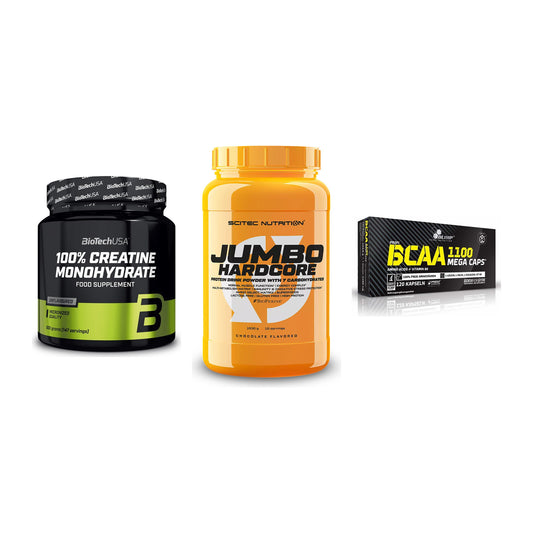 Kraft-Stack: BioTech Creatine + Scitec Jumbo + Olimp BCAA Mega – alle enthaltenen Artikel