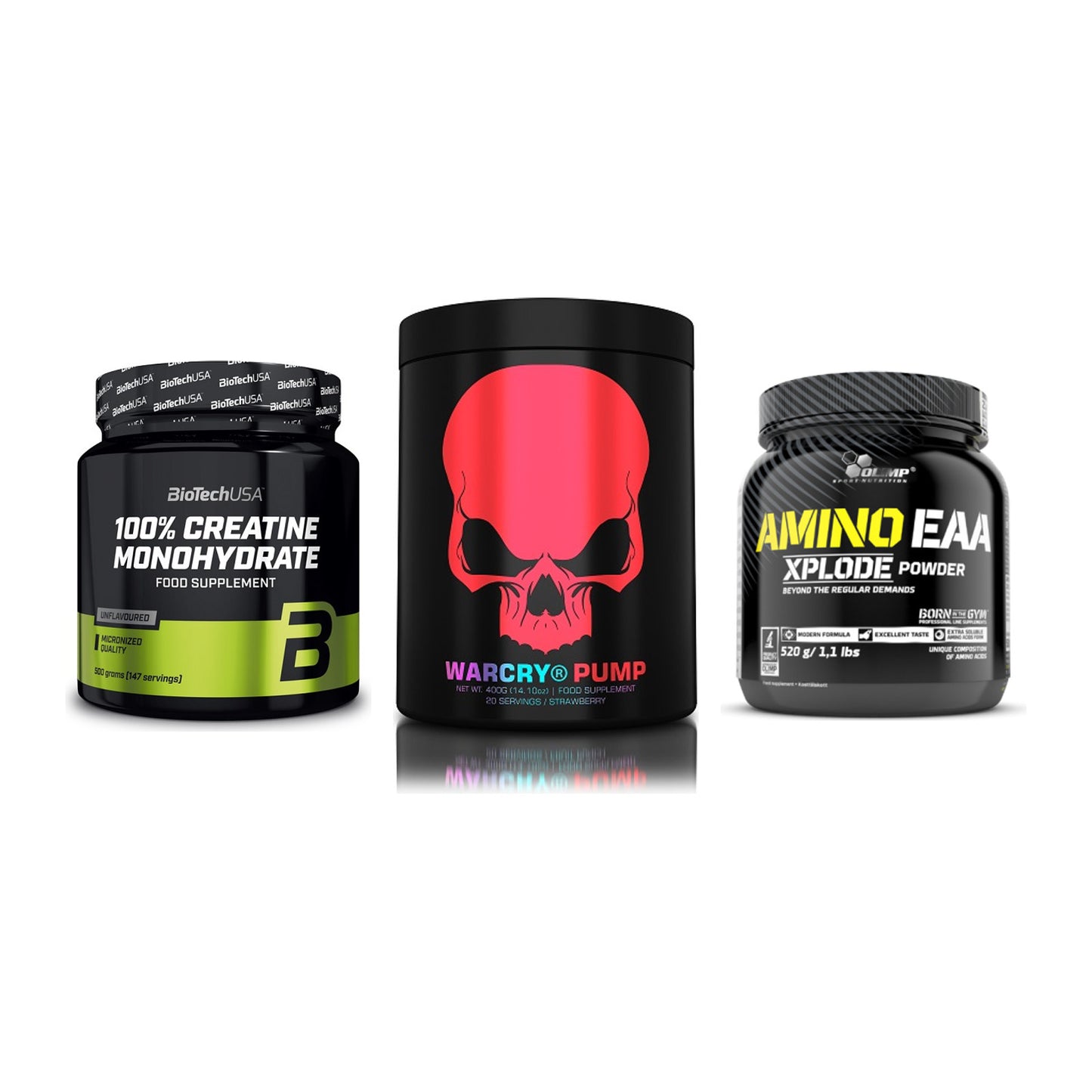 Kraft-Stack: BioTech Creatine + Genius Nutrition + Olimp Amino EAA – alle enthaltenen Artikel