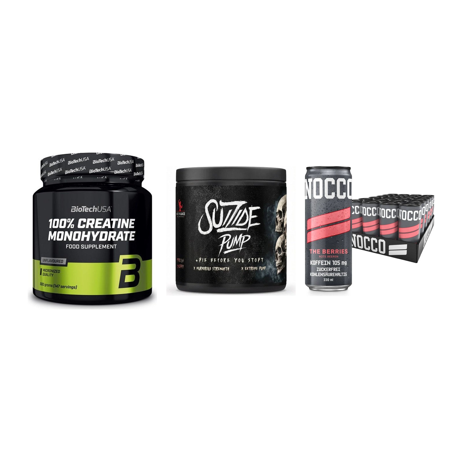 Kraft-Stack: BioTech Creatine + #GYMJUICE SUIZIDE + Nocco BCAA Drink – alle enthaltenen Artikel