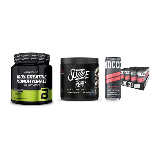 Kraft-Stack: BioTech Creatine + #GYMJUICE SUIZIDE + Nocco BCAA Drink – alle enthaltenen Artikel