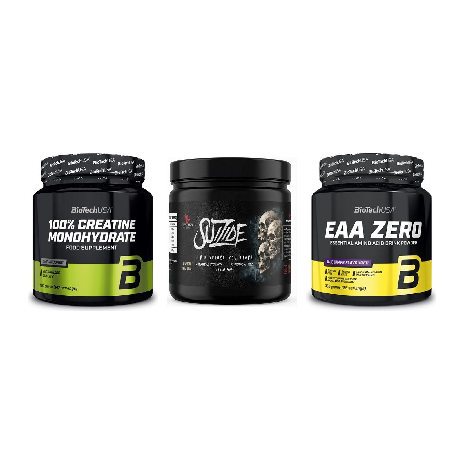 Kraft-Stack: BioTech Creatine + #GYMJUICE SUIZIDE + BioTech EAA Zero – alle enthaltenen Artikel