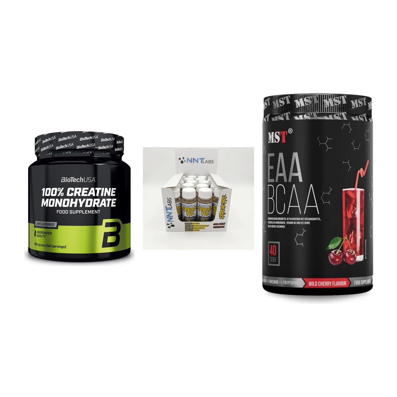 Kraft-Stack: BioTech Creatine + NNT Extreme + MST EAA & BCAA – alle enthaltenen Artikel