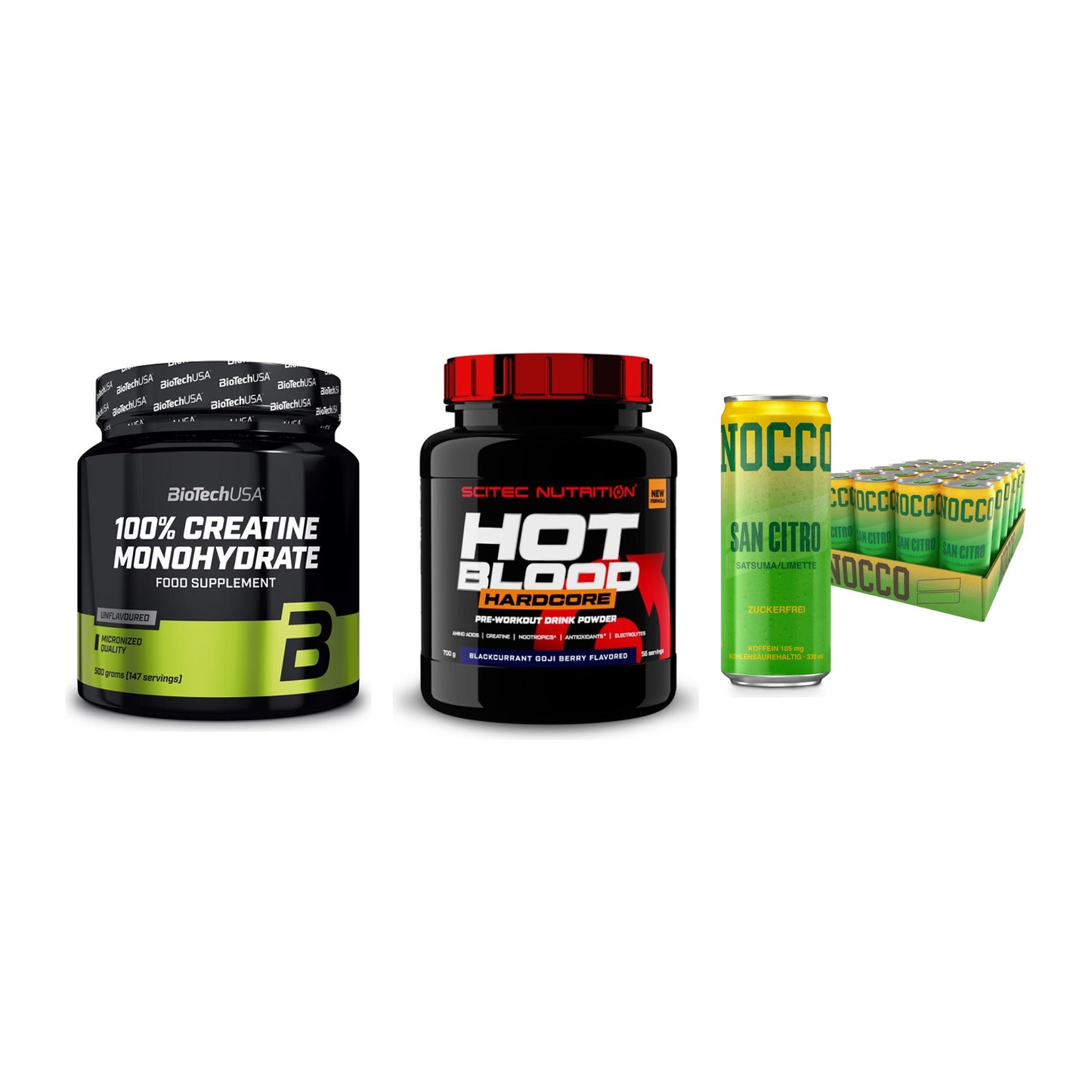 Kraft-Stack: BioTech Creatine + Scitec Hot Blood + Nocco BCAA Drink – alle enthaltenen Artikel
