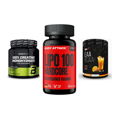 Kraft-Stack: BioTech Creatine + Body Attack LIPO + MST EAA & BCAA – alle enthaltenen Artikel