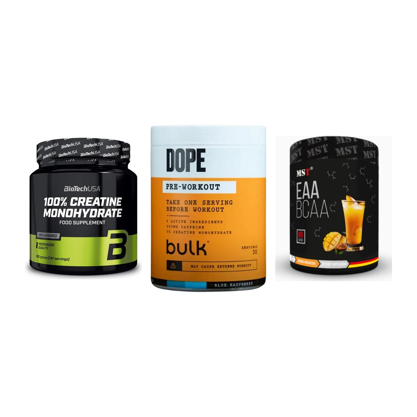 Kraft-Stack: BioTech Creatine + Bulk Dope + MST EAA & BCAA – alle enthaltenen Artikel