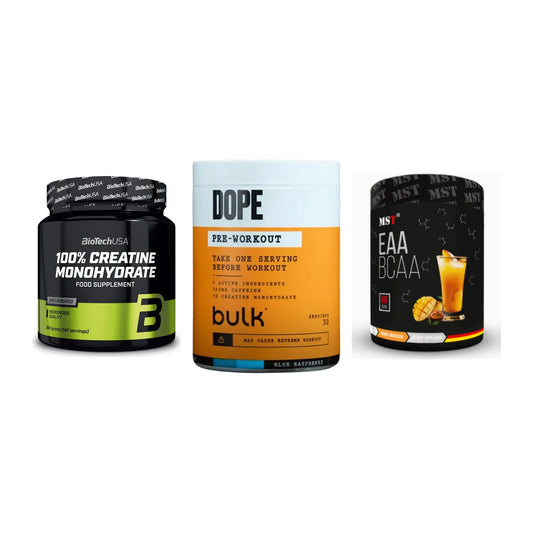 Kraft-Stack: BioTech Creatine + Bulk Dope + MST EAA & BCAA – alle enthaltenen Artikel