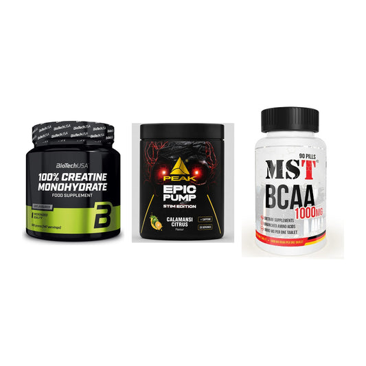 Kraft-Stack: BioTech Creatine + Peak Epic Pump + MST BCAA 1000 (90 – alle enthaltenen Artikel