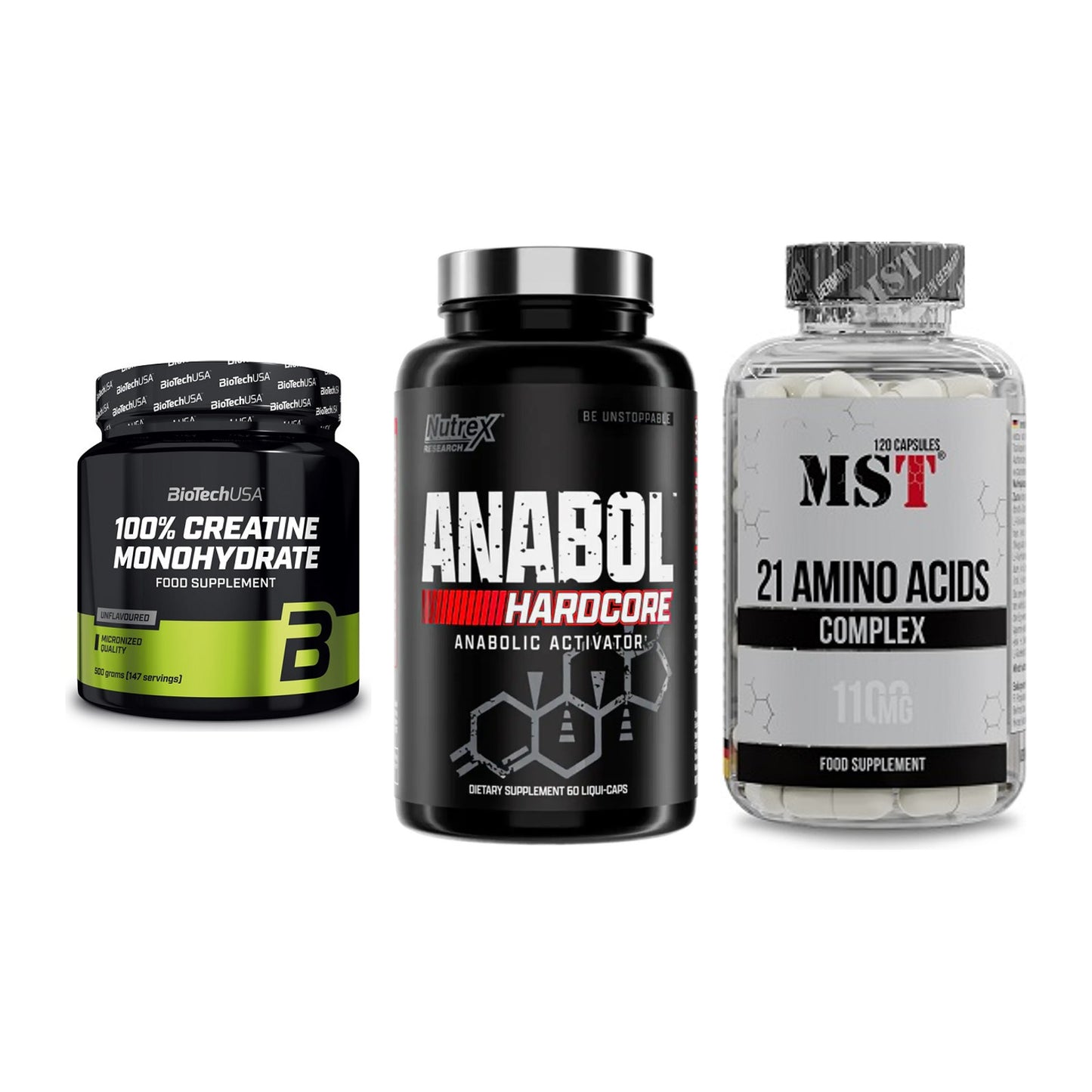 Kraft-Stack: BioTech Creatine + Nutrex Anabol + MST 21 Amino – alle enthaltenen Artikel