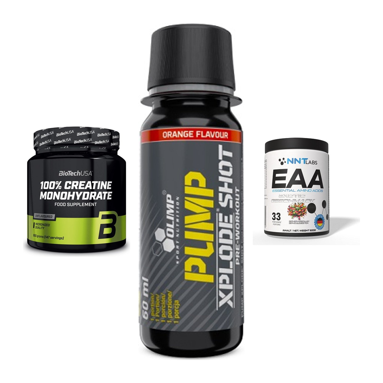 Kraft-Stack: BioTech Creatine + Olimp Pump Xplode + NNT EAA – alle enthaltenen Artikel