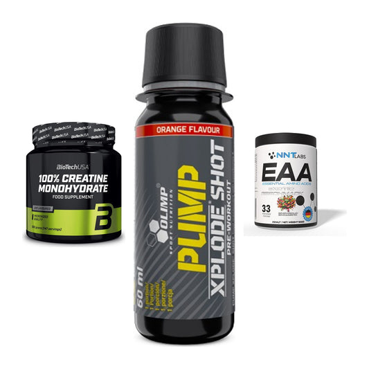 Kraft-Stack: BioTech Creatine + Olimp Pump Xplode + NNT EAA – alle enthaltenen Artikel