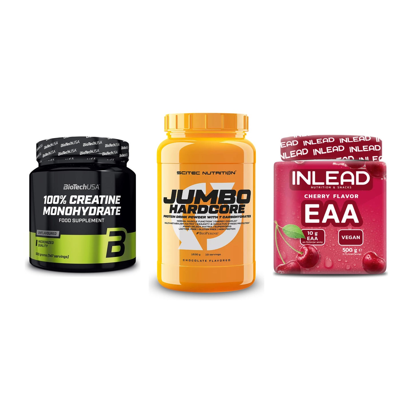 Kraft-Stack: BioTech Creatine + Scitec Jumbo + INLEAD EAA – alle enthaltenen Artikel