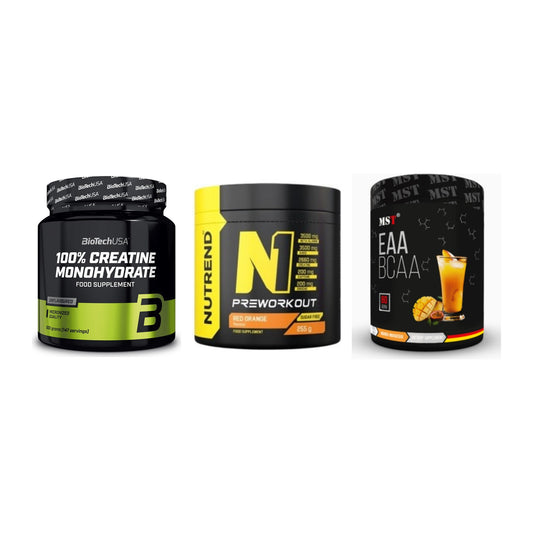 Kraft-Stack: BioTech Creatine + Nutrend N1 + MST EAA & BCAA – alle enthaltenen Artikel