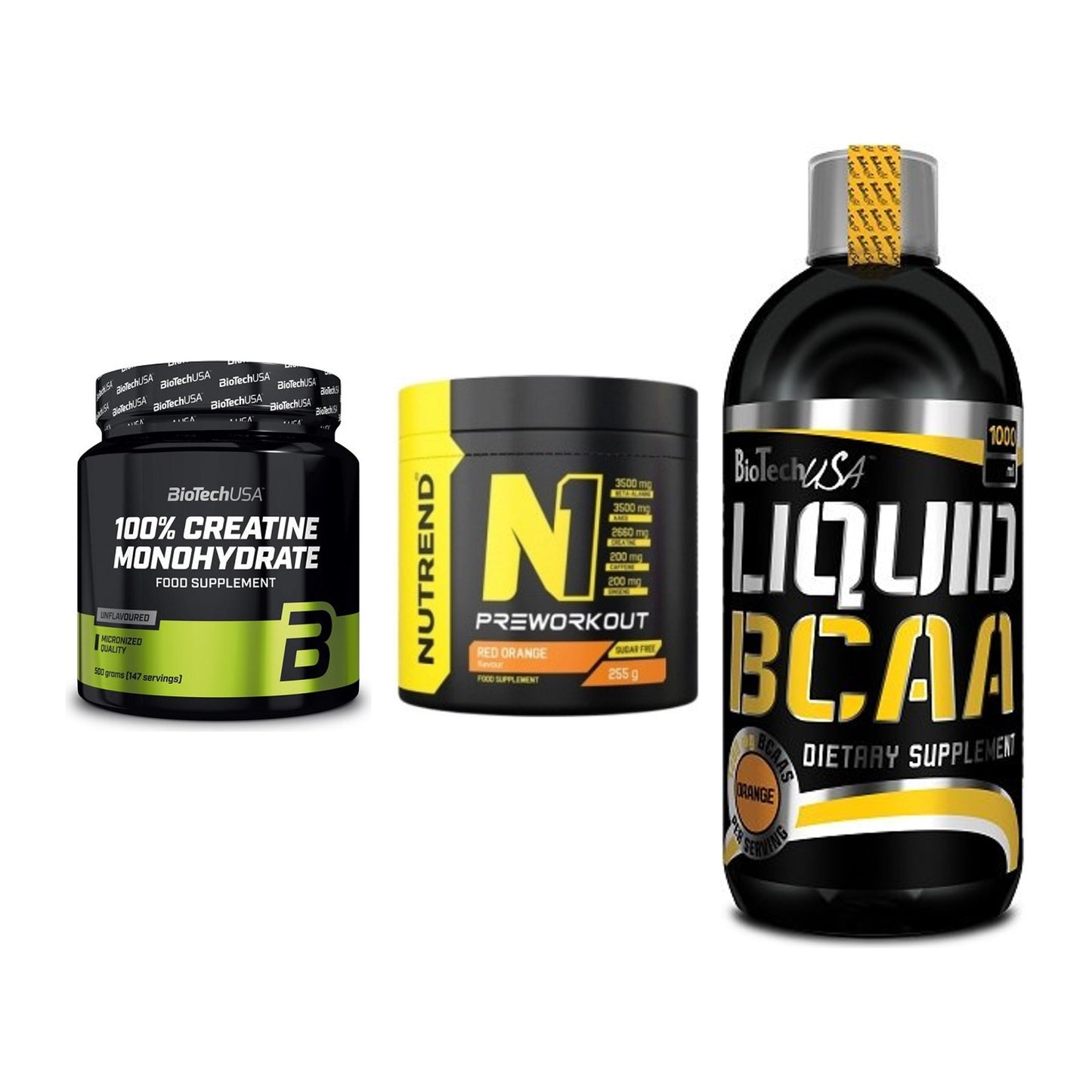 Kraft-Stack: BioTech Creatine + Nutrend N1 + BioTech Liquid – alle enthaltenen Artikel