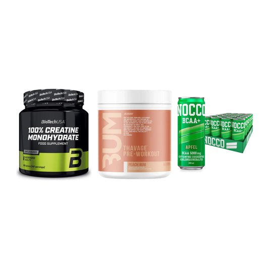 Kraft-Stack: BioTech Creatine + RAW Nutrition + Nocco BCAA Drink – alle enthaltenen Artikel