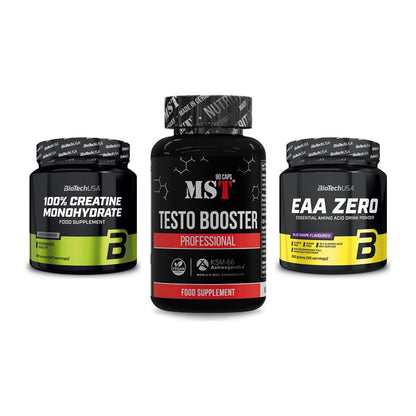 Kraft-Stack: BioTech Creatine + MST Testo Booster + BioTech EAA Zero – alle enthaltenen Artikel