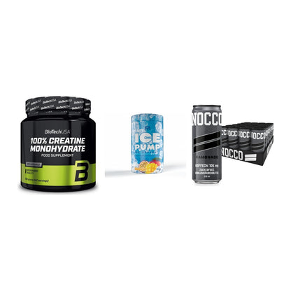 Kraft-Stack: BioTech Creatine + FA Nutrition ICE + Nocco BCAA Drink – alle enthaltenen Artikel