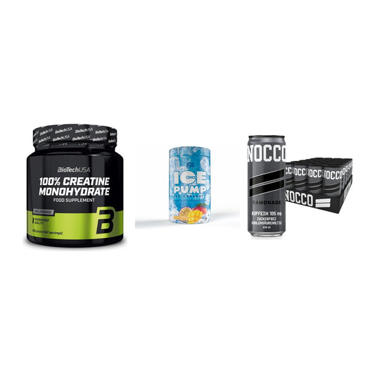 Kraft-Stack: BioTech Creatine + FA Nutrition ICE + Nocco BCAA Drink – alle enthaltenen Artikel