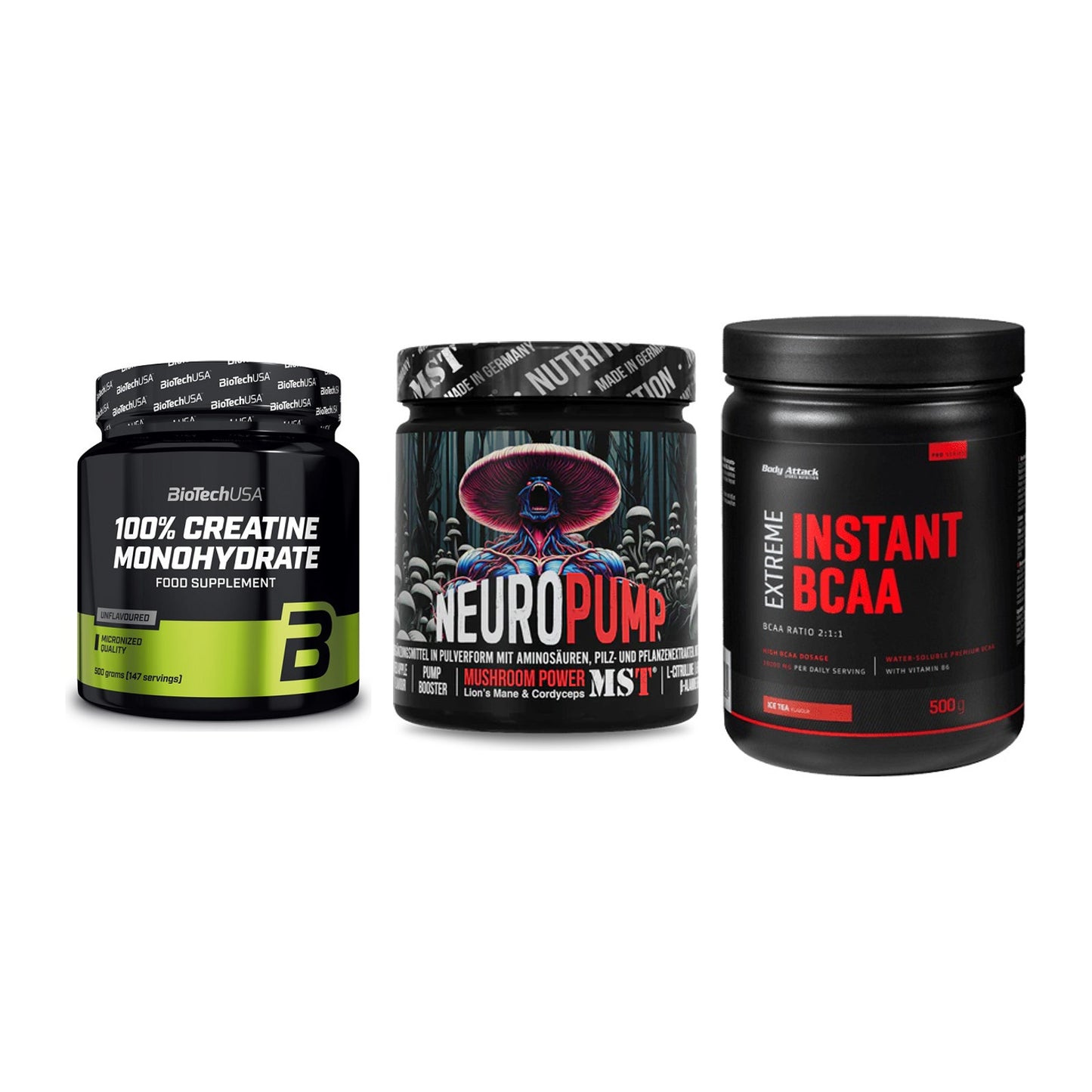 Kraft-Stack: BioTech Creatine + MST NeuroPump + Body Attack – alle enthaltenen Artikel