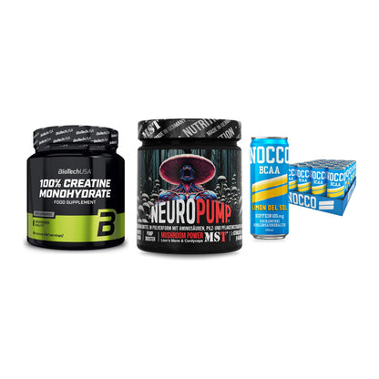 Kraft-Stack: BioTech Creatine + MST NeuroPump + Nocco BCAA Drink – alle enthaltenen Artikel