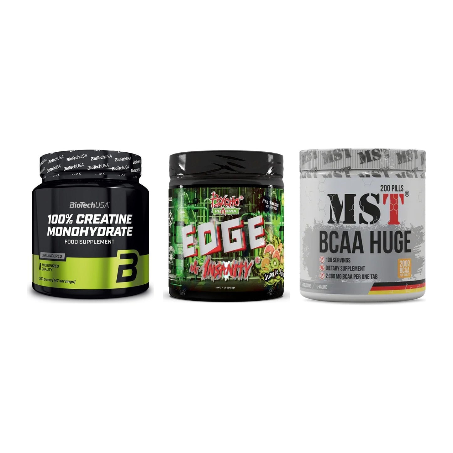 Kraft-Stack: BioTech Creatine + Psycho Pharma + MST BCAA Huge 200 – alle enthaltenen Artikel