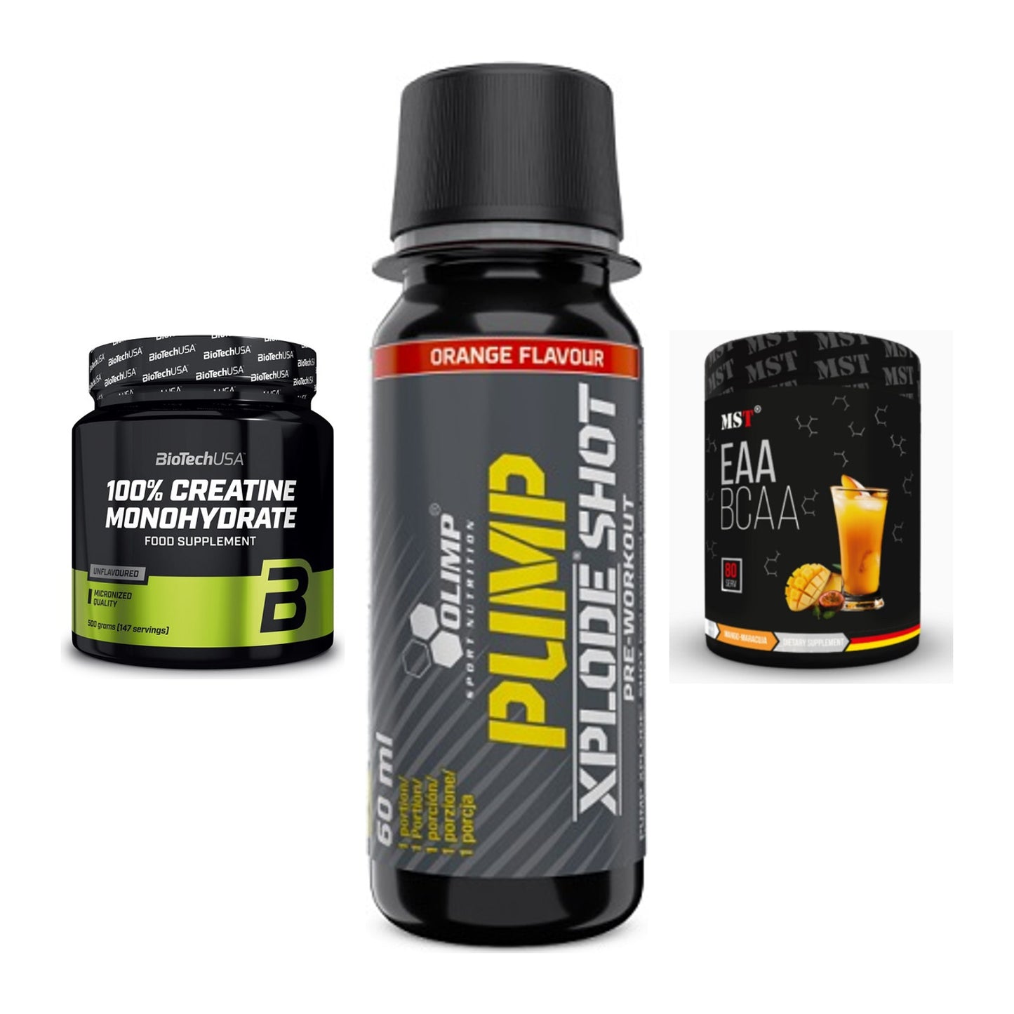 Kraft-Stack: BioTech Creatine + Olimp Pump Xplode + MST EAA & BCAA – alle enthaltenen Artikel