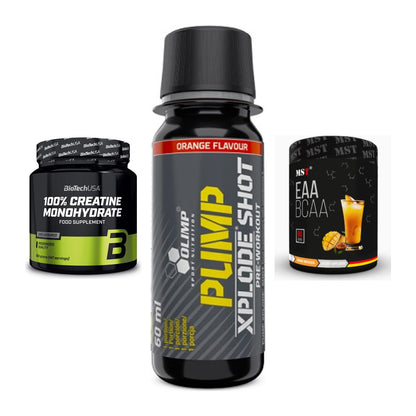 Kraft-Stack: BioTech Creatine + Olimp Pump Xplode + MST EAA & BCAA – alle enthaltenen Artikel