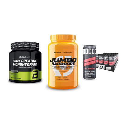 Kraft-Stack: BioTech Creatine + Scitec Jumbo + Nocco BCAA Drink – alle enthaltenen Artikel