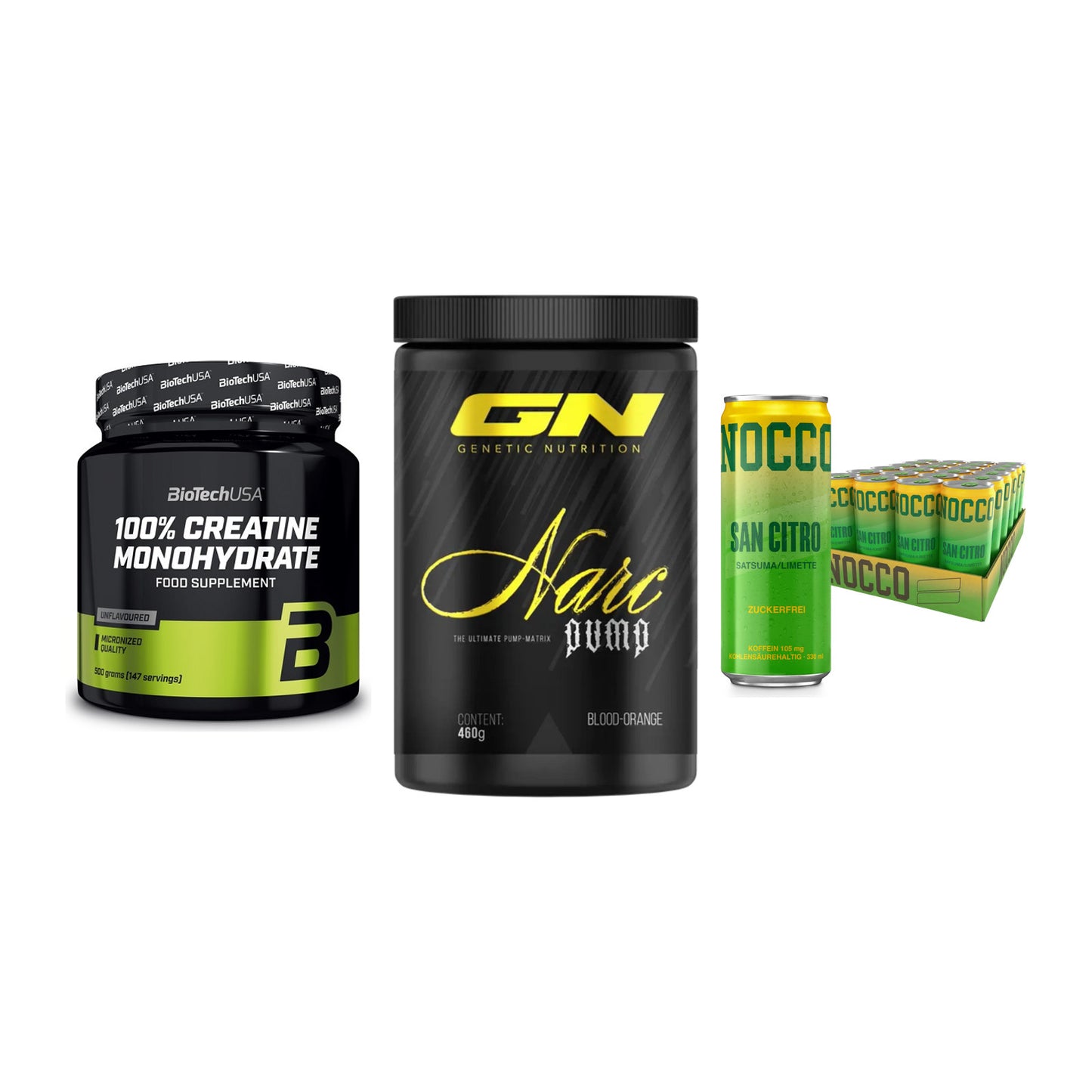 Kraft-Stack: BioTech Creatine + GN Narc Pump + Nocco BCAA Drink – alle enthaltenen Artikel