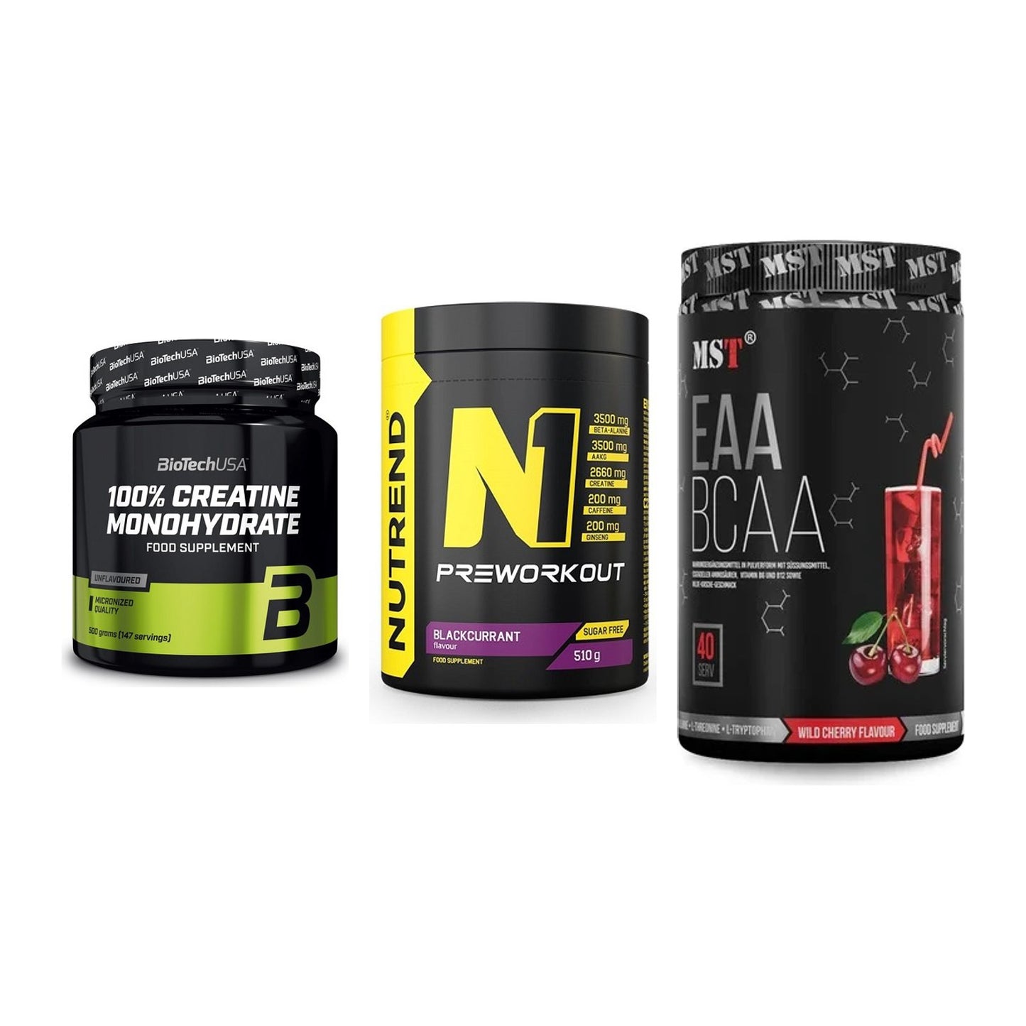 Kraft-Stack: BioTech Creatine + Nutrend N1 + MST EAA & BCAA – alle enthaltenen Artikel