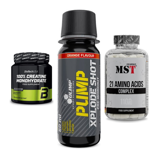 Kraft-Stack: BioTech Creatine + Olimp Pump Xplode + MST 21 Amino – alle enthaltenen Artikel